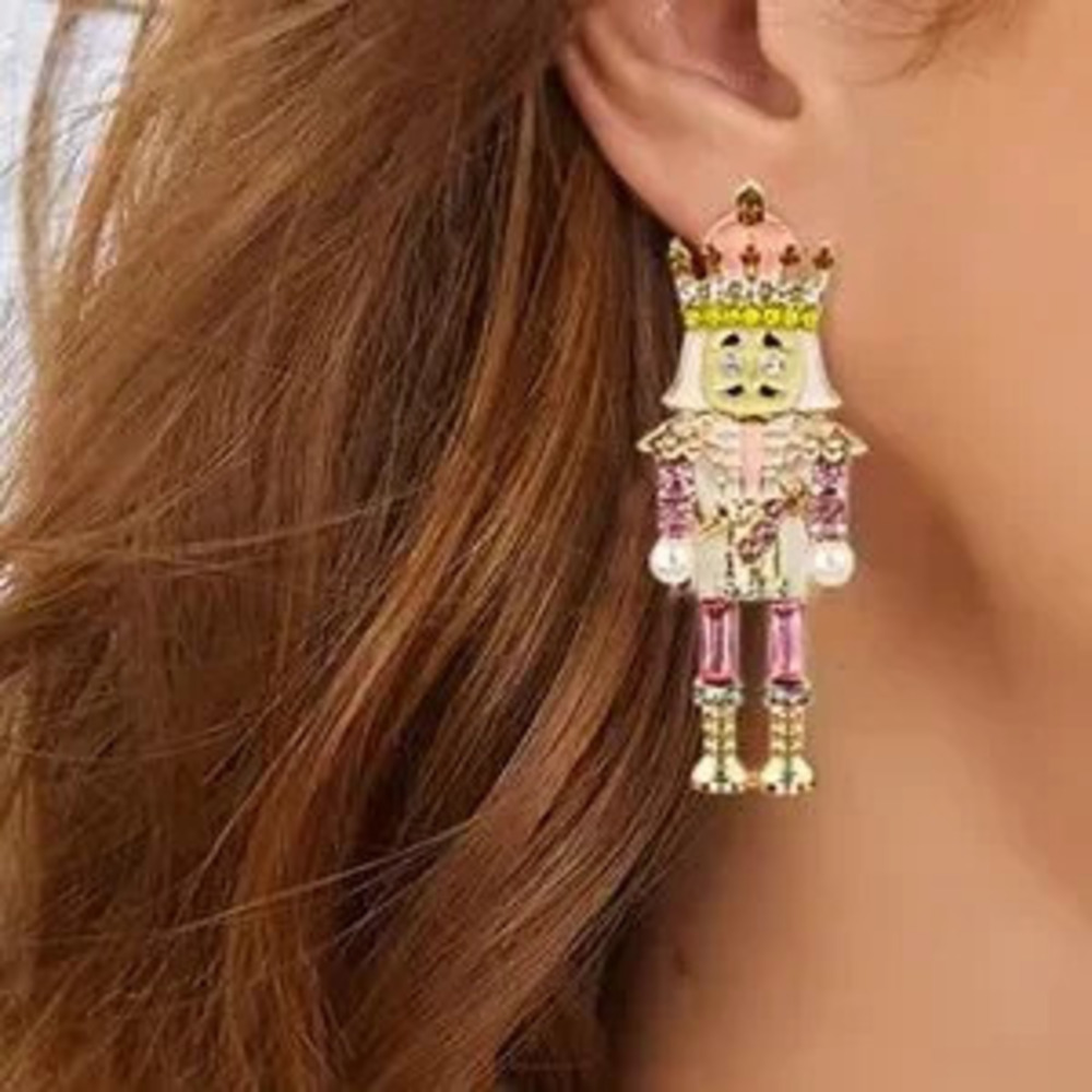 Pink Nutcracker Earrings - Holiday Statement Jewelry with Crystals & Pearls - Picture 8 of 8